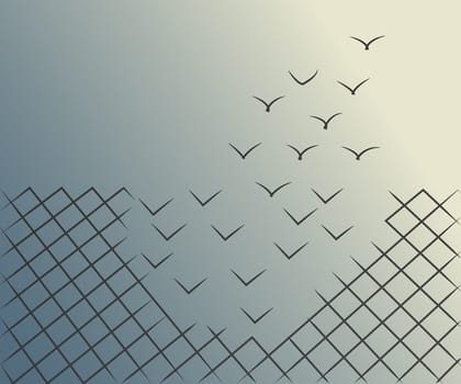 Vector illustrations of a wire mesh fence transforming into birds flying away. Freedom, courage and success concept.