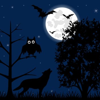 The Moon night in wood in halloween.Vector illustration