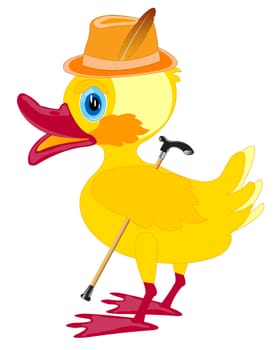 Duckling in hat with walking stick on white background