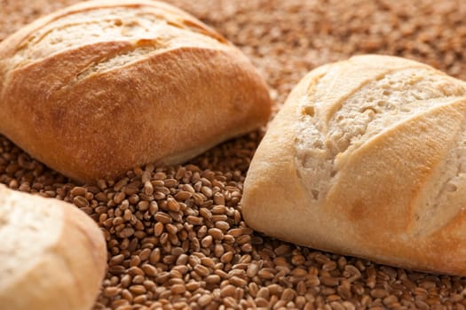Two square rolls softly lit on spelt grains.