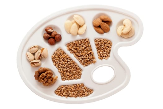 Various nuts,almonds and grains on white painter's pallet freed on white