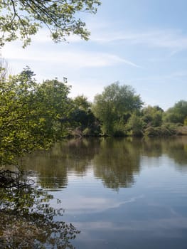a beautiful sunny day across the lake with trees reflected in the water and a blue clear sky outside in peaceful tranquil meadow uk