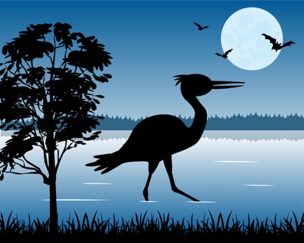 The Bird stork on wood lake in the night.Vector illustration