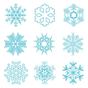 collection of different blue snowflakes on white background