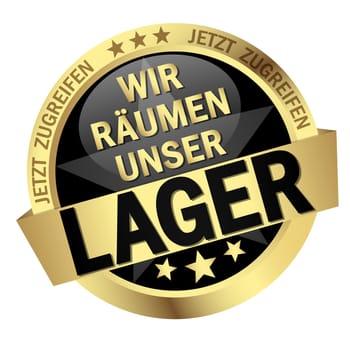 Button with banner and text We clear our warehouse