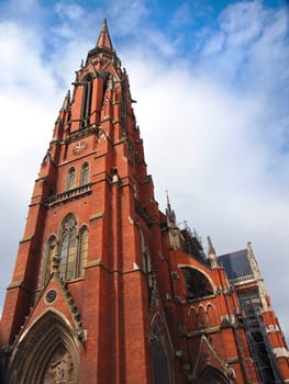 red brick church tower in Osijek Croatia