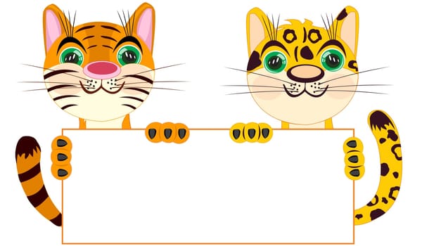 Tiger and leopard with clean sheet of paper on white background is insulated