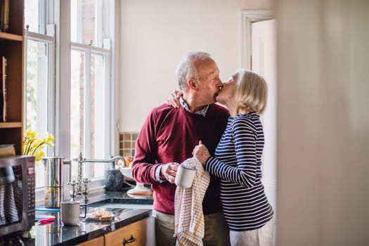 Senior man is halfway through drying dishes and his wife is kissing him on the lips.