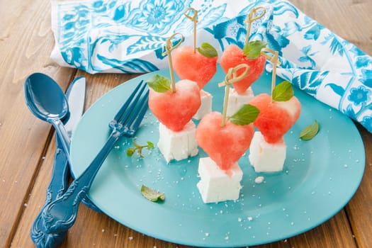 Small skewers with feta,fresh watermelon and mint