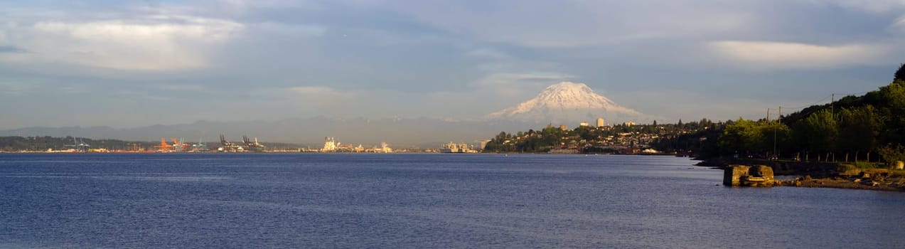 Mt Rainier dominates the horizon showing Ruston Way, North Tacoma, and the Port