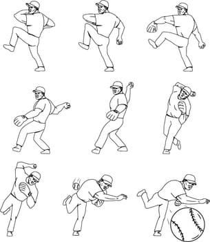Collection set of illustrations of an american baseball player pitcher outfilelder in a throwing ball movement done in mono line style.