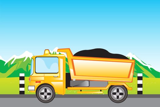 Yellow cargo car on mountain road.Vector illustration