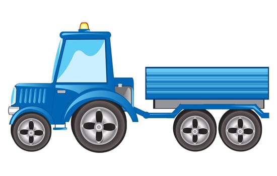 Blue tractor with pushcart on white background is insulated