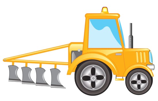 Yellow tractor with plow on white background is insulated