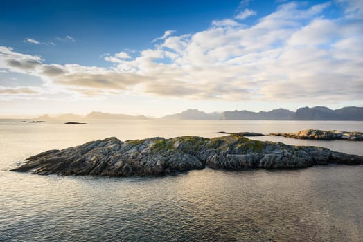 Landscape of paradise island with blue sky and sunset, Norway