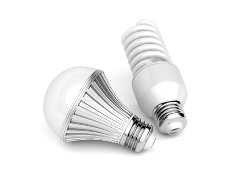 LED and CFL light bulbs on white background