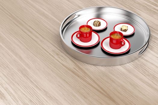 Silver tray with espresso coffee cups and chocolate candies on wooden table