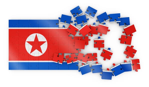 Puzzles with the image of the flag of North Korea. 3d rendering.