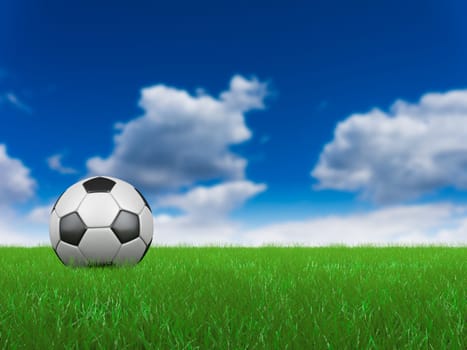 Soccer ball on grass on the blue sky background. 3D render.