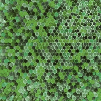 A network of hexagons green hue, which change height. 3D render.