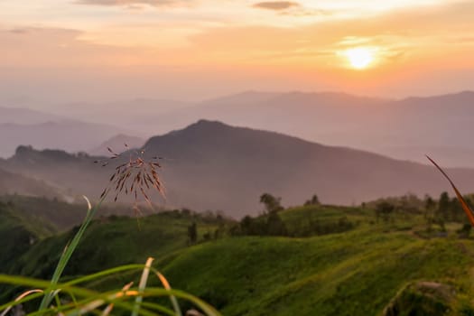 Beautiful landscape nature on mountain with sun cloud fog and bright colors of sky and sunlight during sunset in winter at view point Phu Chi Fa Forest Park in Chiang Rai Province, Thailand
