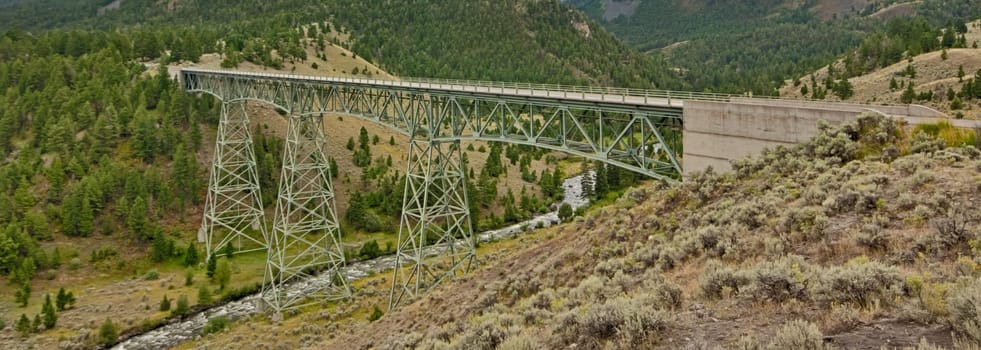 Panoramic landscape of the Grand Loop Trestle Bridge, Yellowstone National Park, Wyoming, USA.