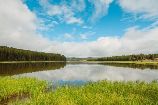 Landscape of a calm inlet of the Yellowstone River with clouds reflecting on the surface, Wyoming, USA..