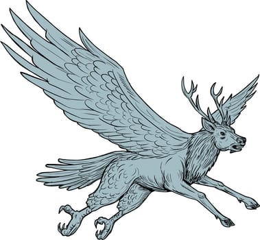 Drawing sketch style illustration of a Peryton, a Medieval European mythical creature with head, forelegs and antlers of a full-grown stag with the wings plumage and hindquarters of a bird flying viewed from the side set on isolated white background.