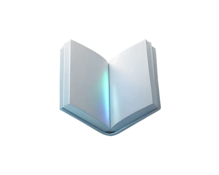 A 3D holographic icon of an open book, isolated on white background, symbolizing knowledge, education, reading, and creativity with a futuristic touch.