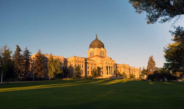 The sun hits the capital building in Helena just after sunrise