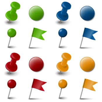 collection of different pin needle office supplies in various colors