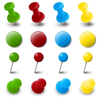 collection of different pin needle office supplies in various colors
