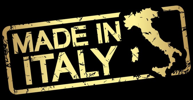 grunge stamp with frame colored gold and text Made in Italy