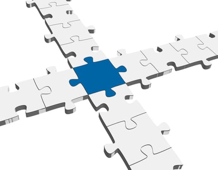 three dimensional connection of gray puzzle parts with one colored center part