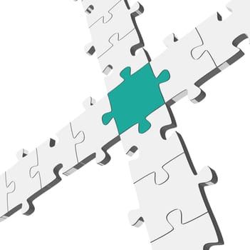 three dimensional connection of gray puzzle parts with one colored center part