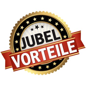 round button with black frame and red banner with text Jubelvorteile