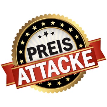 round button with black frame and red banner with text Preisattacke