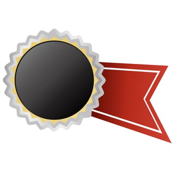 template of round black button with silver frame and red ribbon