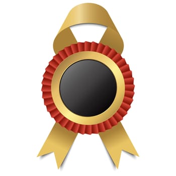 template of round black button with red frame and golden ribbons