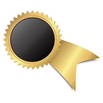 template of round black button with golden frame and golden ribbon