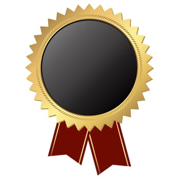 template of round black button with golden frame and red ribbons