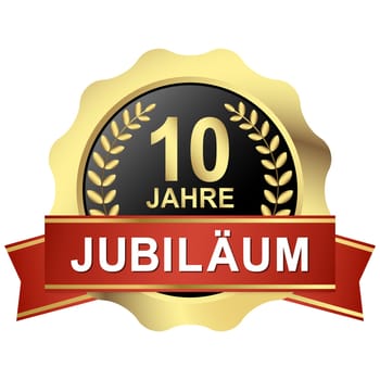 gold button with red banner for 10 years jubilee (text in german)