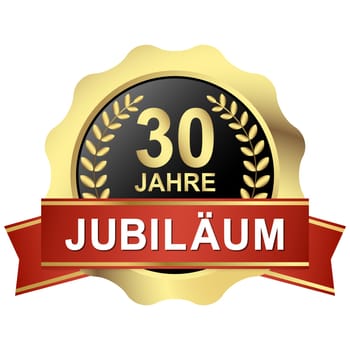 gold button with red banner for 30 years jubilee (text in german)