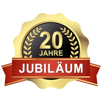 gold button with red banner for 20 years jubilee (text in english)