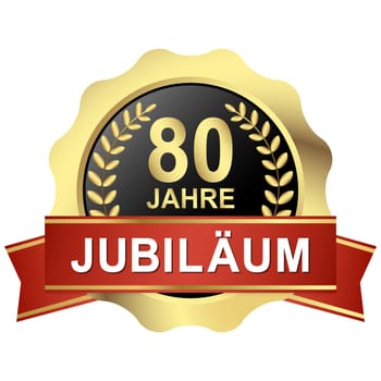 gold button with red banner for 80 years jubilee (text in german)