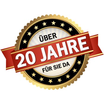 round quality seal with black frame,red banner and text over 20 years for you (in english)