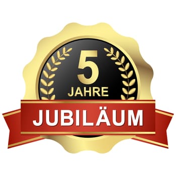 gold button with red banner for 5 years jubilee (text in german)