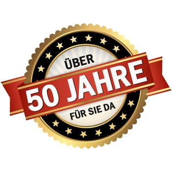 round quality seal with black frame,red banner and text over 50 years for you (in english)