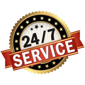 round button with black frame and red banner with text 24/7 service