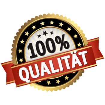 round button with black frame and red banner with text 100% quality